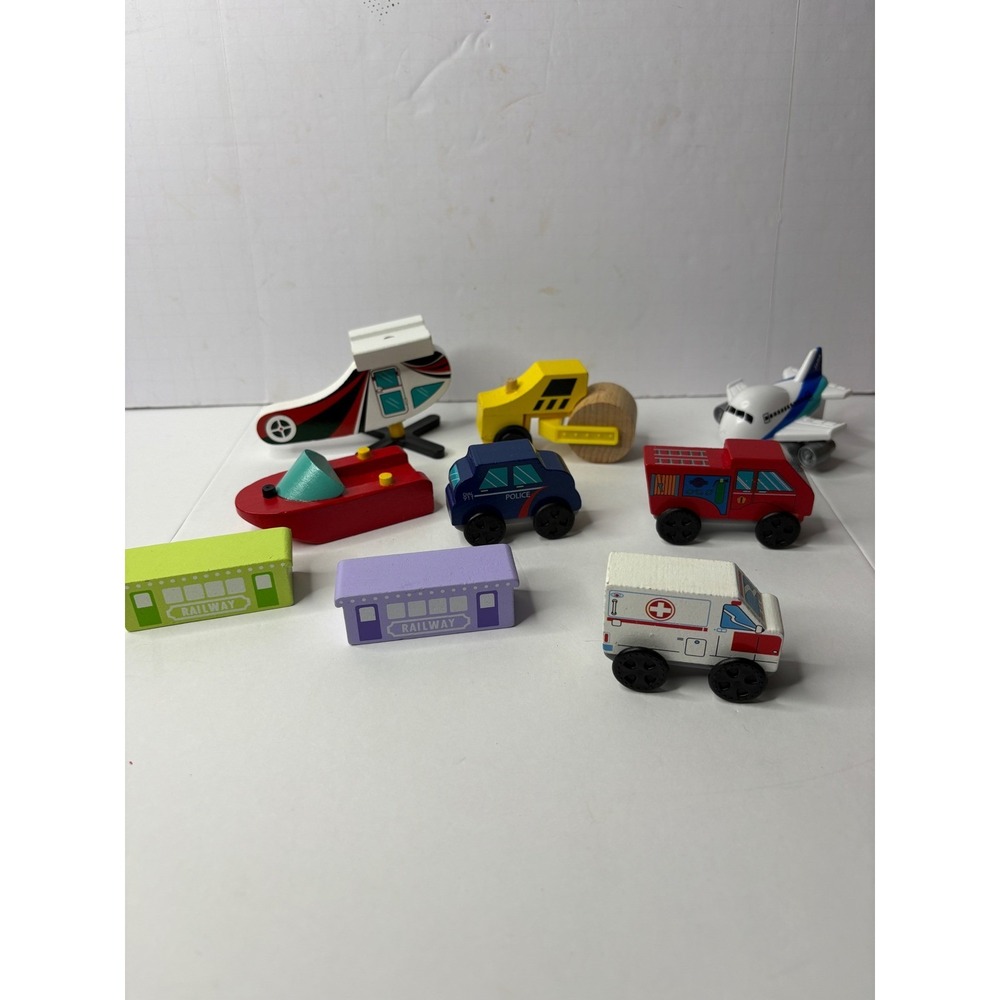 9 Piece‎ Wooden Toy Vehicle Set Police Fire Ambulance Helicopter Plane Boat